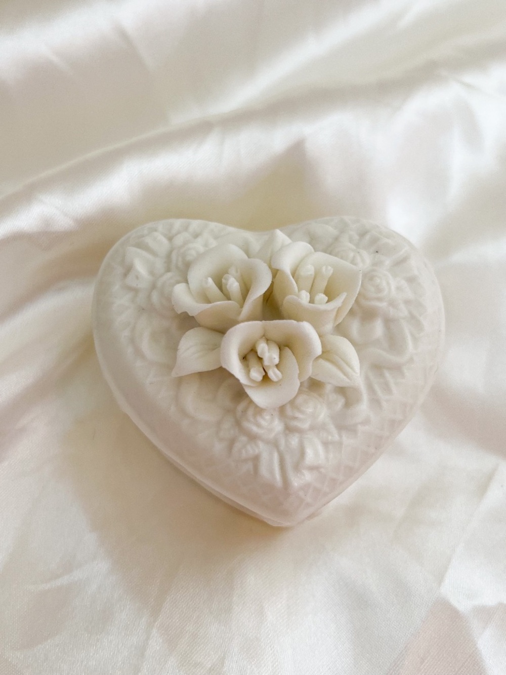 Vintage Petite White Bisque Porcelain Floral Heart Ring Box